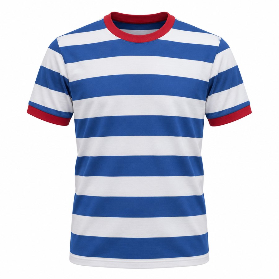 Concept kit: blue and white hooped shirt with scarlet collar and cuffs