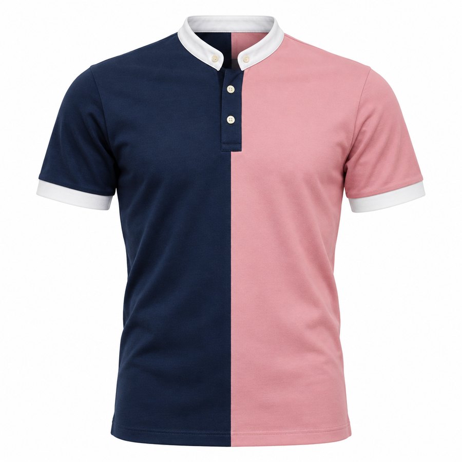 Concept kit: shirt halved in navy and pink with a white grandad collar